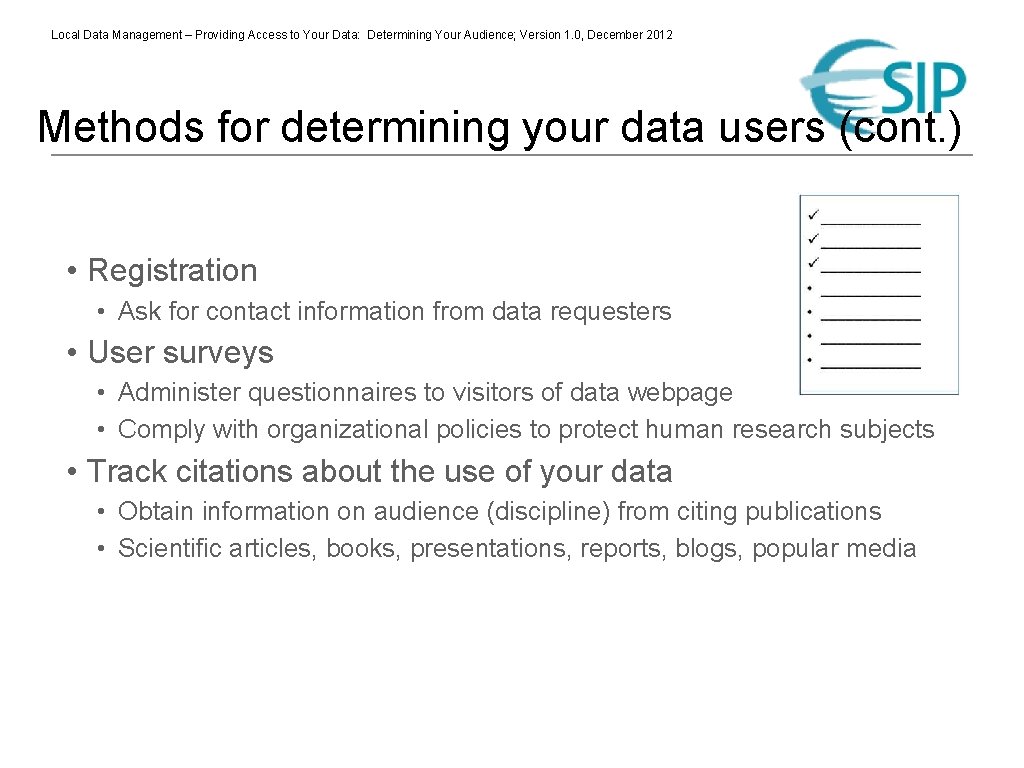 Local Data Management – Providing Access to Your Data: Determining Your Audience; Version 1.