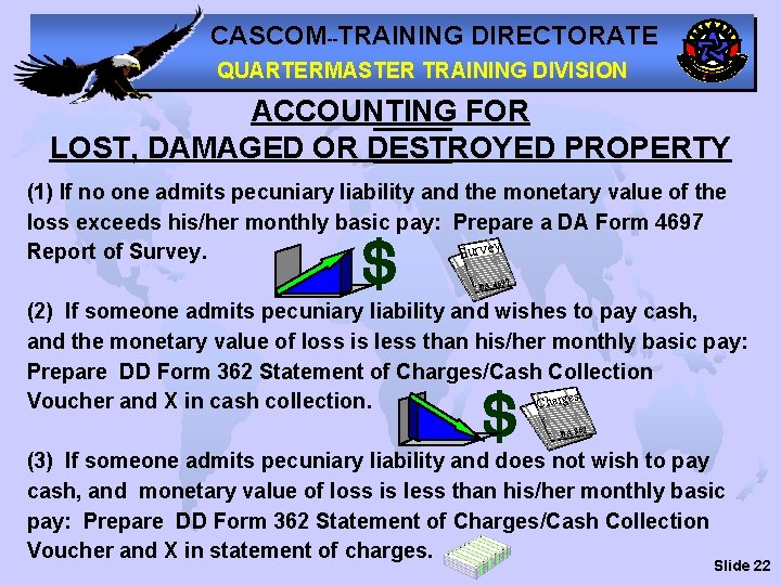 CASCOM--TRAINING DIRECTORATE QUARTERMASTER TRAINING DIVISION ACCOUNTING FOR LOST, DAMAGED OR DESTROYED PROPERTY (1) If