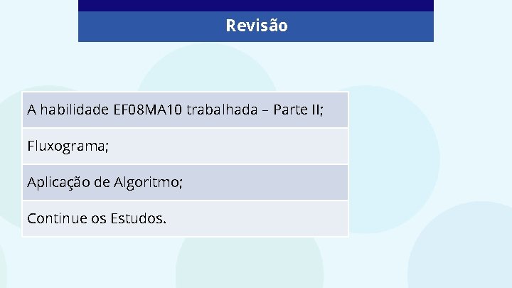 Revisão A habilidade EF 08 MA 10 trabalhada – Parte II; Fluxograma; Aplicação de