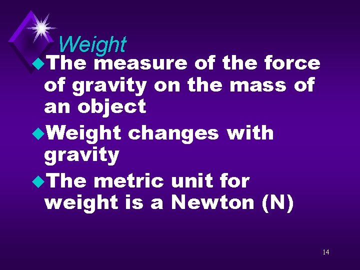 Weight u. The measure of the force of gravity on the mass of an