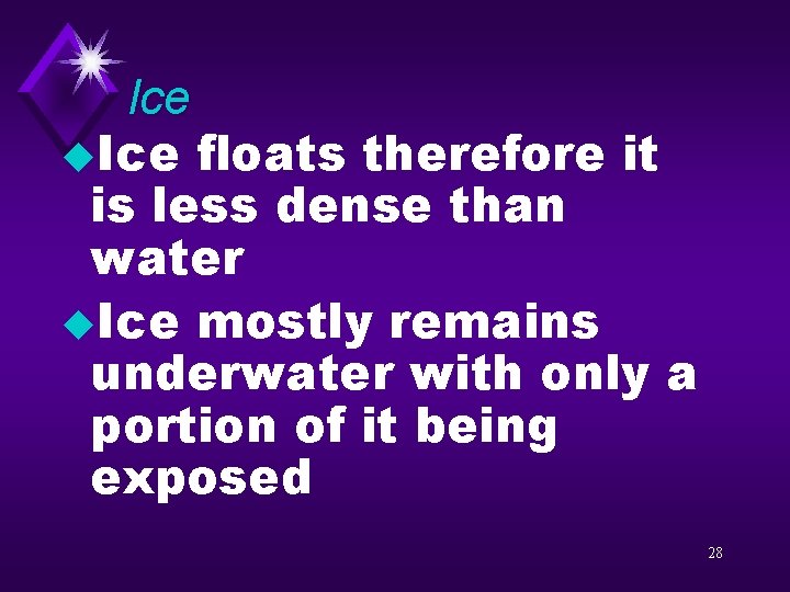 Ice u. Ice floats therefore it is less dense than water u. Ice mostly