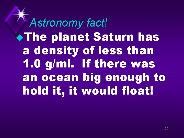 Astronomy fact! u. The planet Saturn has a density of less than 1. 0