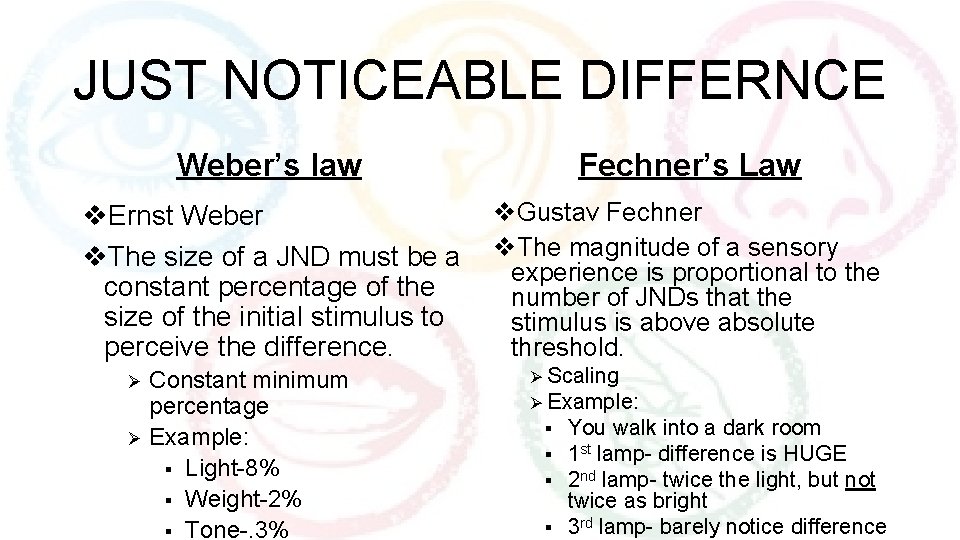 JUST NOTICEABLE DIFFERNCE Weber’s law Fechner’s Law v. Ernst Weber v. The size of