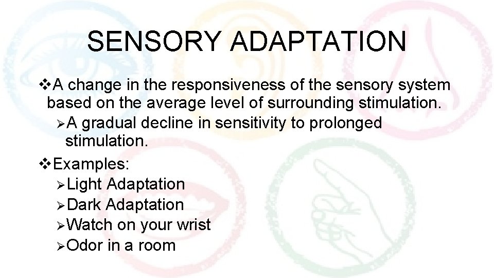 SENSORY ADAPTATION v. A change in the responsiveness of the sensory system based on