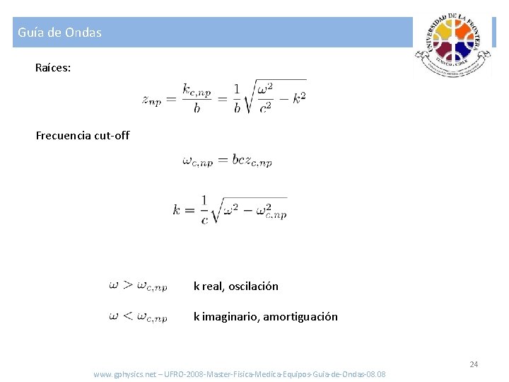 Guía de Ondas Raíces: Frecuencia cut-off k real, oscilación k imaginario, amortiguación www. gphysics.