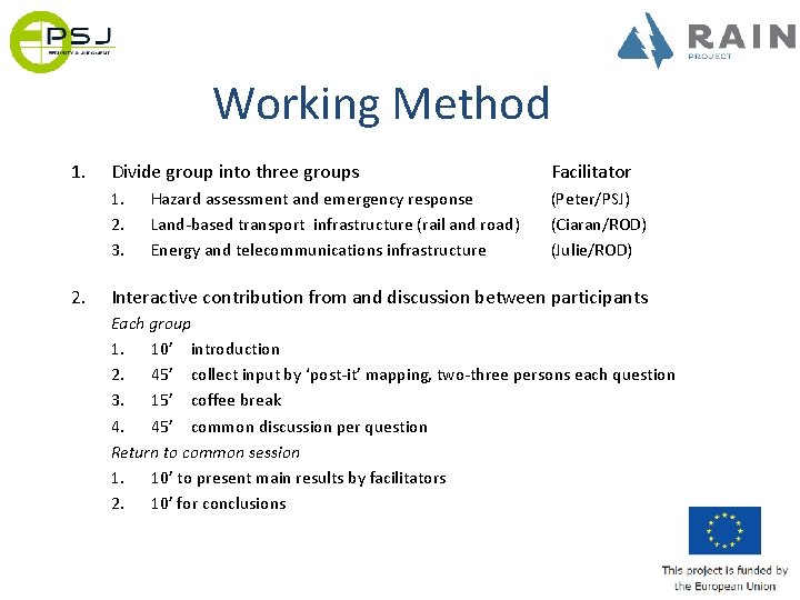 Working Method 1. 2. Divide group into three groups Facilitator 1. 2. 3. (Peter/PSJ)