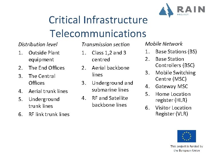 Critical Infrastructure Telecommunications Distribution level 1. Outside Plant equipment 2. The End Offices 3. Critical Infrastructure Telecommunications Distribution level 1. Outside Plant equipment 2. The End Offices 3.