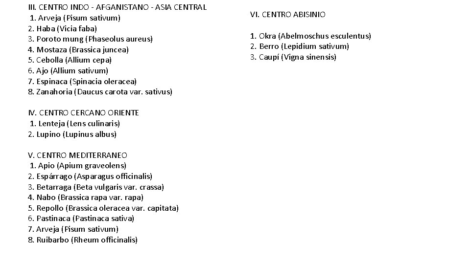 III. CENTRO INDO - AFGANISTANO - ASIA CENTRAL 1. Arveja (Pisum sativum) 2. Haba