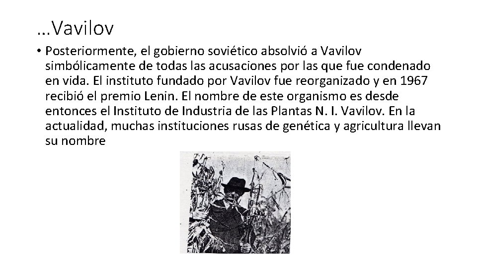 …Vavilov • Posteriormente, el gobierno soviético absolvió a Vavilov simbólicamente de todas las acusaciones