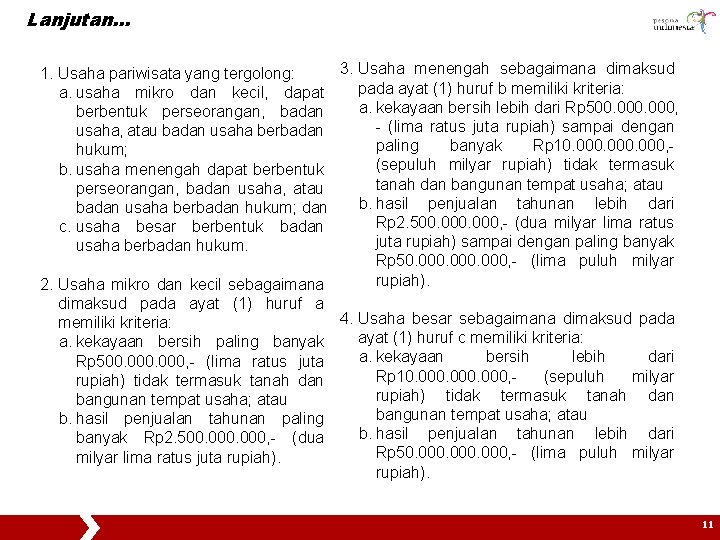 Lanjutan… 3. Usaha menengah sebagaimana dimaksud 1. Usaha pariwisata yang tergolong: pada ayat (1)