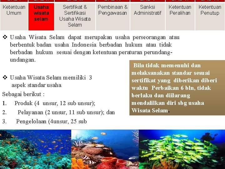 BAB III BAB IV BAB VII Ketentuan Umum Usaha wisata selam Sertifikat & Sertifikasi