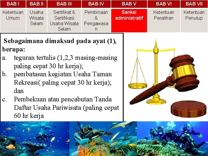 BAB III BAB IV BAB VII Ketentuan Umum Usaha Wisata Selam Sertifikat & Sertifikasi