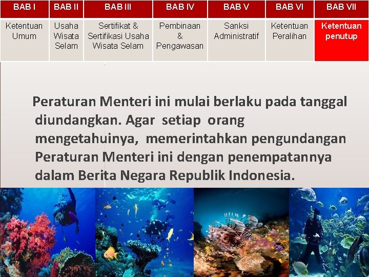 BAB II Ketentuan Umum Usaha Wisata Selam BAB III BAB IV Sertifikat & Pembinaan