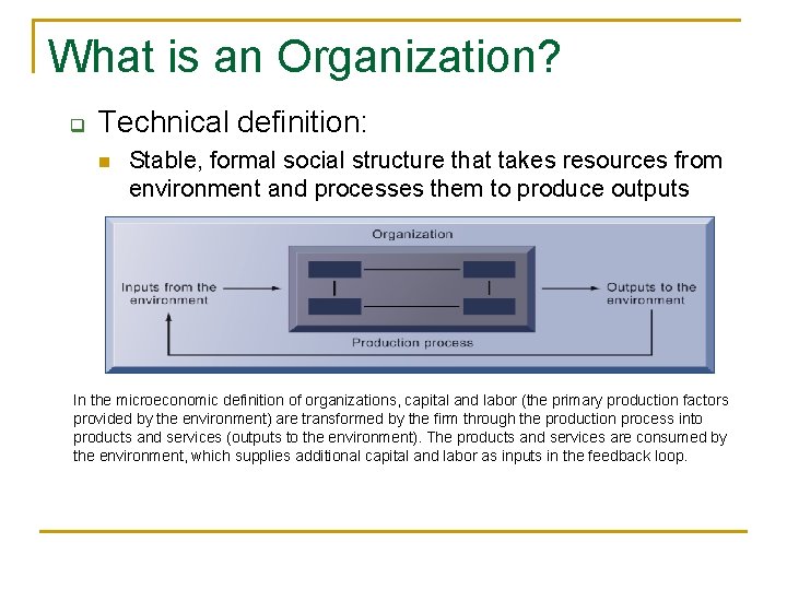 What is an Organization? q Technical definition: n Stable, formal social structure that takes