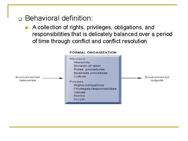 q Behavioral definition: n A collection of rights, privileges, obligations, and responsibilities that is