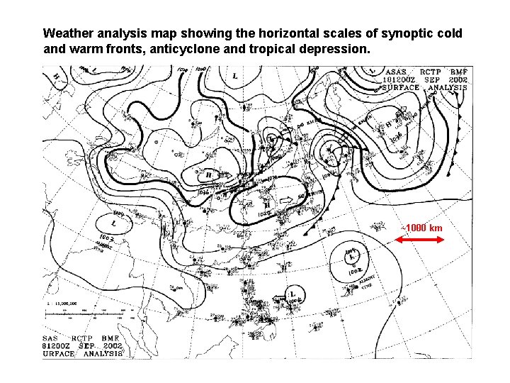 Weather analysis map showing the horizontal scales of synoptic cold and warm fronts, anticyclone