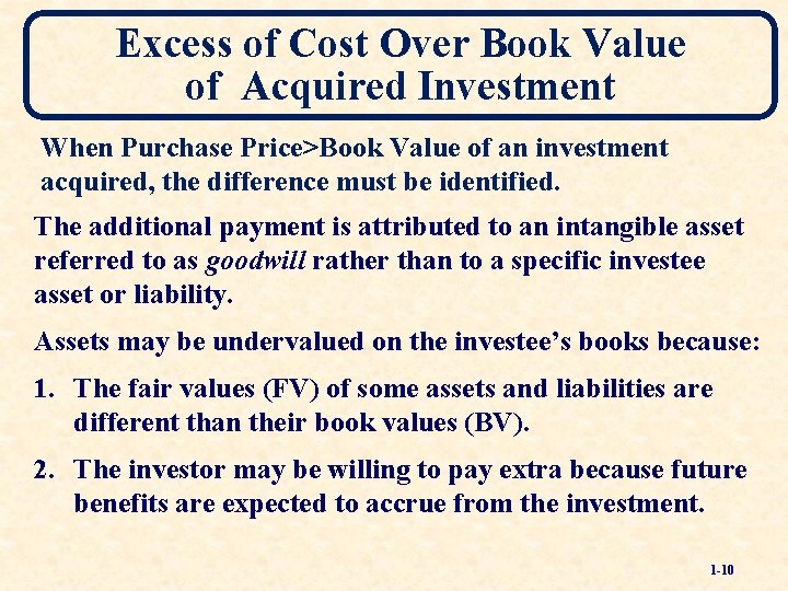 Excess of Cost Over Book Value of Acquired Investment When Purchase Price>Book Value of