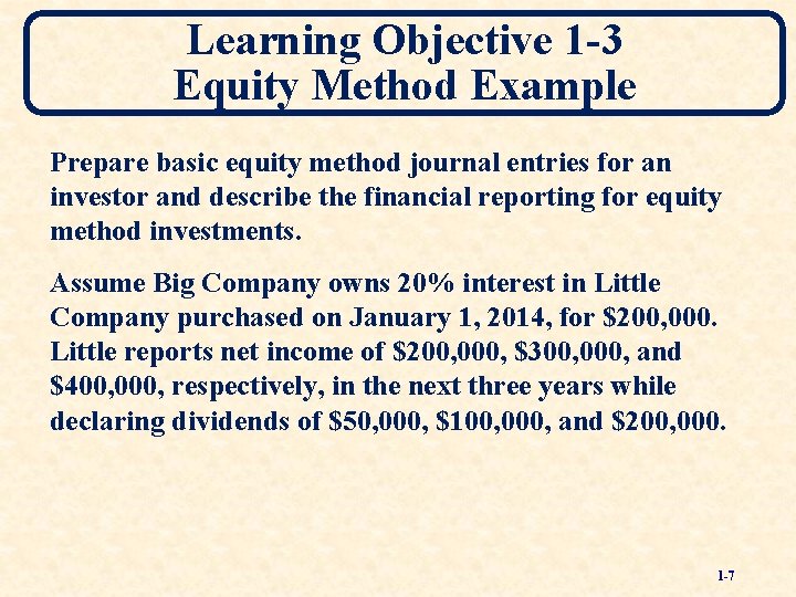 Learning Objective 1 -3 Equity Method Example Prepare basic equity method journal entries for