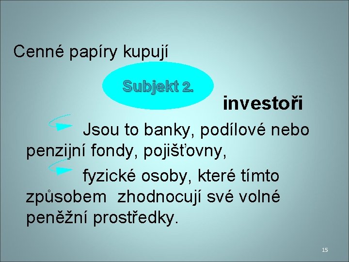 Cenné papíry kupují Subjekt 2. investoři Jsou to banky, podílové nebo penzijní fondy, pojišťovny,