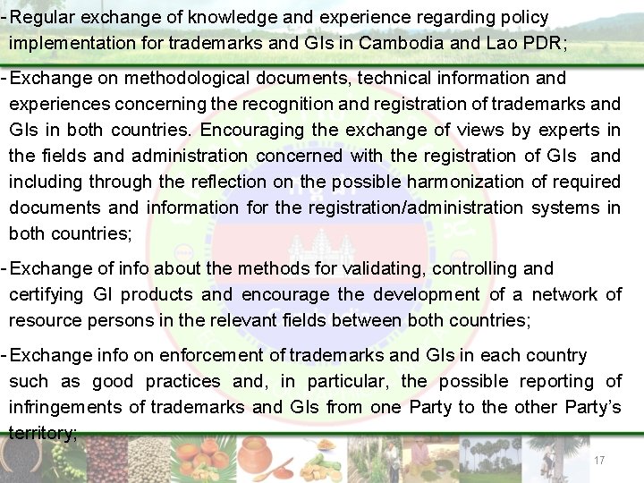 -Regular exchange of knowledge and experience regarding policy implementation for trademarks and GIs in