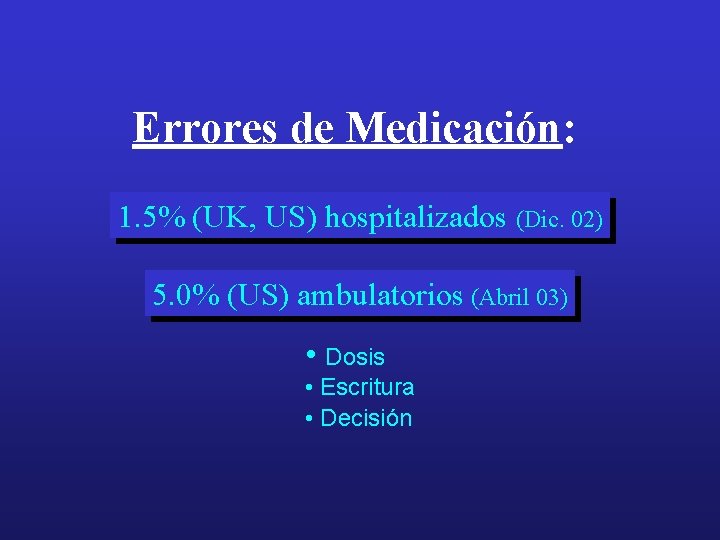 Errores de Medicación: 1. 5% (UK, US) hospitalizados (Dic. 02) 5. 0% (US) ambulatorios