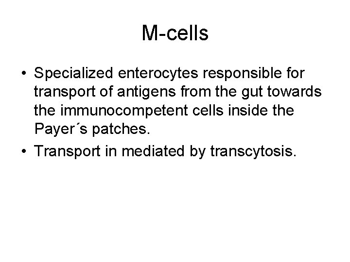M-cells • Specialized enterocytes responsible for transport of antigens from the gut towards the