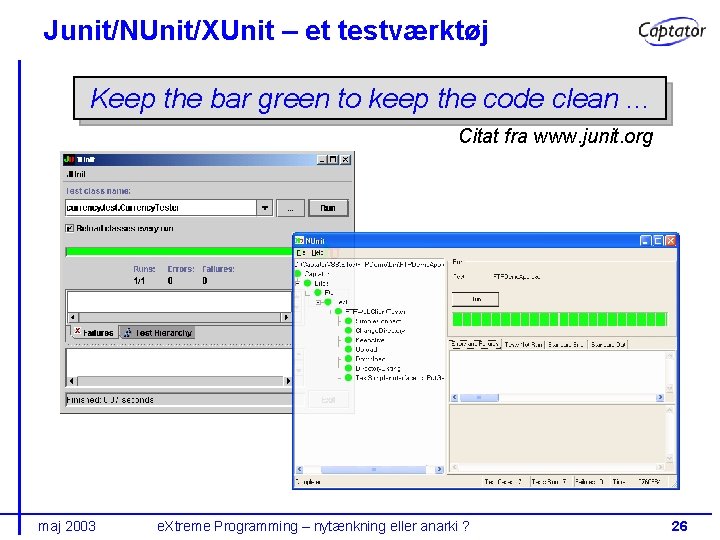 Junit/NUnit/XUnit – et testværktøj Keep the bar green to keep the code clean. .