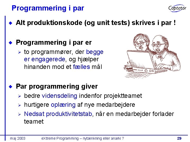 Programmering i par Alt produktionskode (og unit tests) skrives i par ! Programmering i
