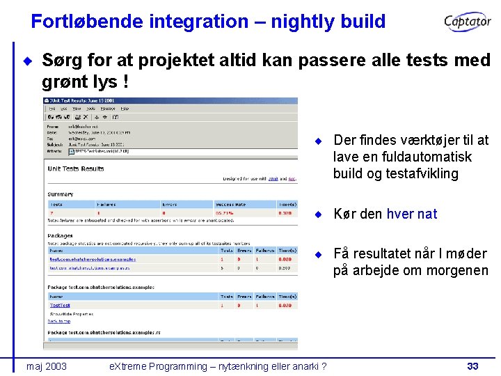 Fortløbende integration – nightly build Sørg for at projektet altid kan passere alle tests