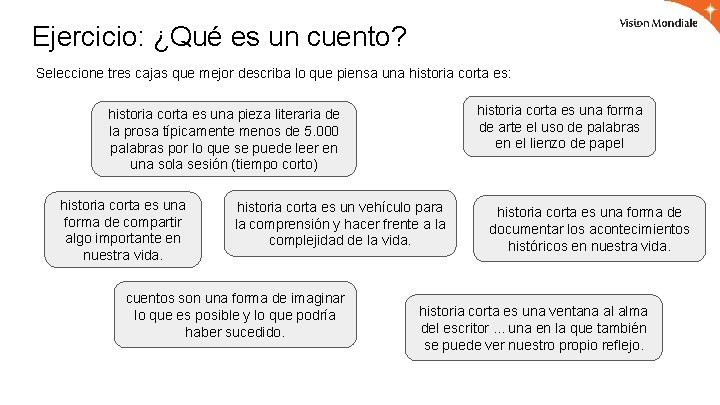 Ejercicio: ¿Qué es un cuento? Seleccione tres cajas que mejor describa lo que piensa