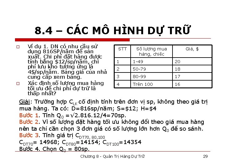 8. 4 – CÁC MÔ HÌNH DỰ TRỮ o o Ví dụ 1. DN