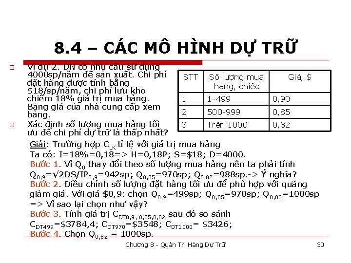 8. 4 – CÁC MÔ HÌNH DỰ TRỮ o o Ví dụ 2. DN