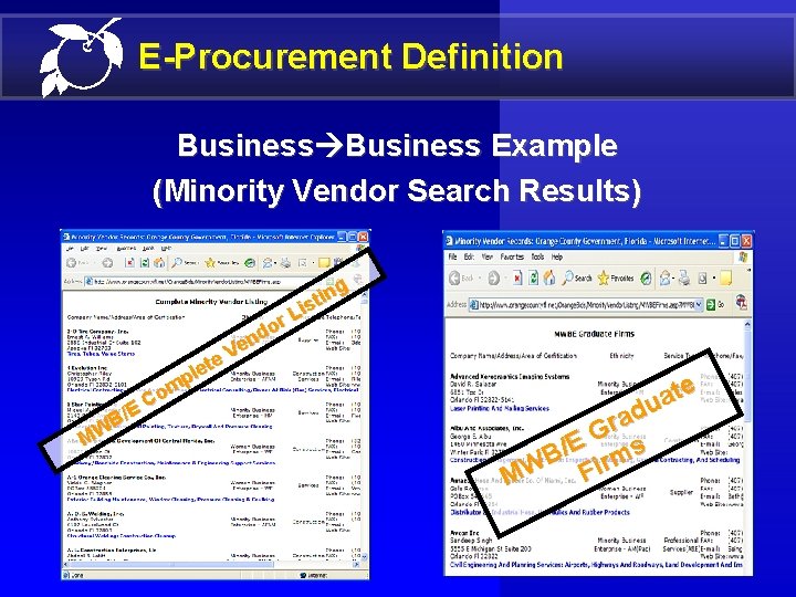 E-Procurement Definition Business Example (Minority Vendor Search Results) or d en V te e