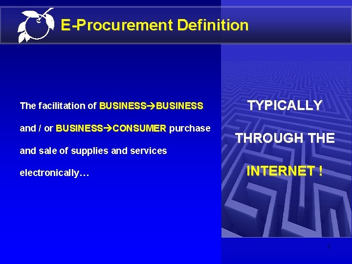 E-Procurement Definition The facilitation of BUSINESS and / or BUSINESS CONSUMER purchase and sale