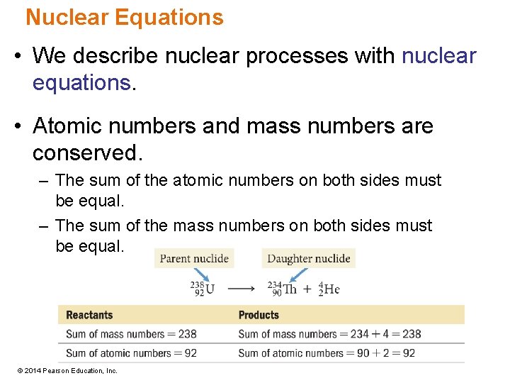 Nuclear Equations • We describe nuclear processes with nuclear equations. • Atomic numbers and