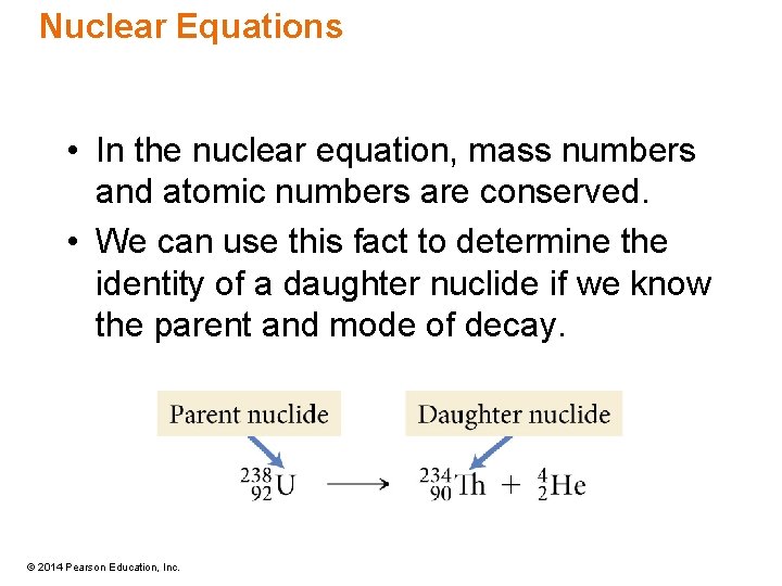 Nuclear Equations • In the nuclear equation, mass numbers and atomic numbers are conserved.