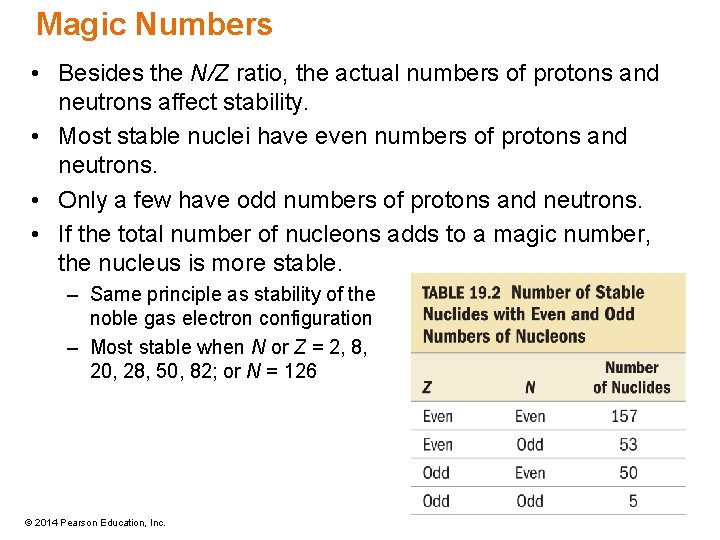 Magic Numbers • Besides the N/Z ratio, the actual numbers of protons and neutrons