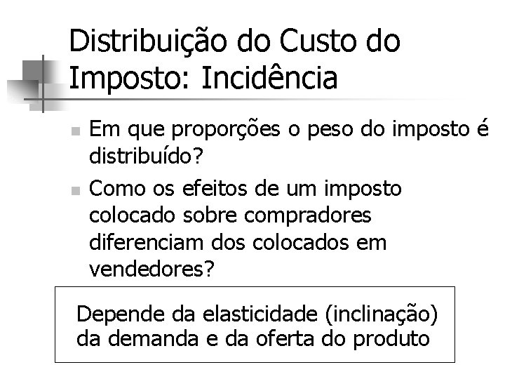 Distribuição do Custo do Imposto: Incidência n n Em que proporções o peso do