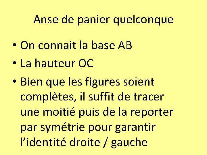 Anse de panier quelconque • On connait la base AB • La hauteur OC