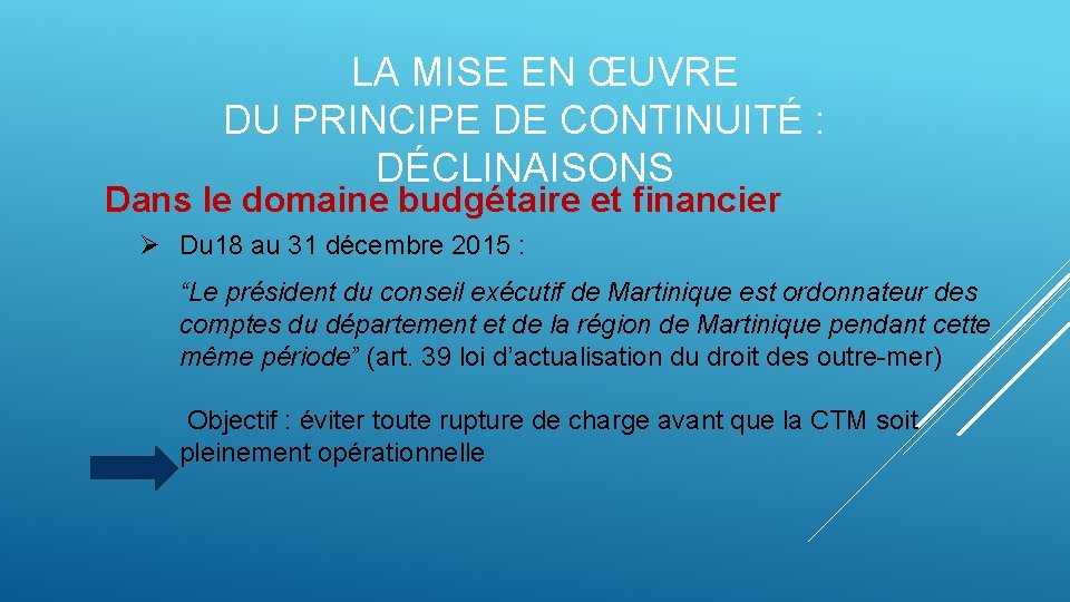 LA MISE EN ŒUVRE DU PRINCIPE DE CONTINUITÉ : DÉCLINAISONS Dans le domaine budgétaire