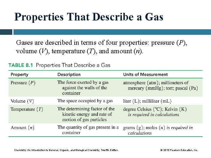 Properties That Describe a Gases are described in terms of four properties: pressure (P),