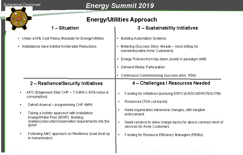 Energy Summit 2019 Sustainment Directorate Energy/Utilities Approach 1 – Situation 3 – Sustainability Initiatives