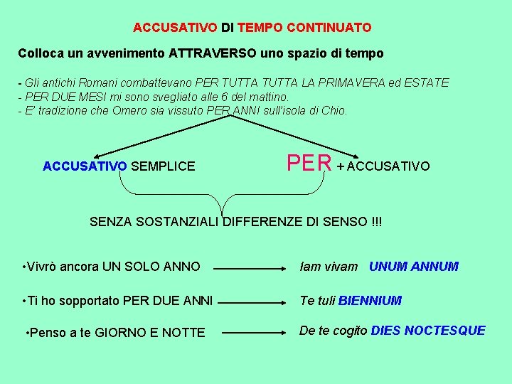 ACCUSATIVO DI TEMPO CONTINUATO Colloca un avvenimento ATTRAVERSO uno spazio di tempo - Gli