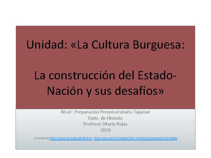 Unidad: «La Cultura Burguesa: La construcción del Estado. Nación y sus desafíos» Nivel :