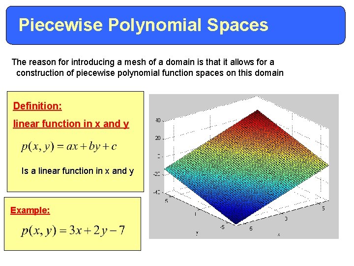 Piecewise Polynomial Spaces The reason for introducing a mesh of a domain is that