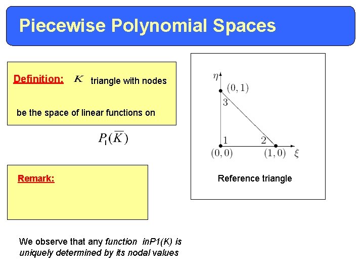 Piecewise Polynomial Spaces Definition: triangle with nodes be the space of linear functions on