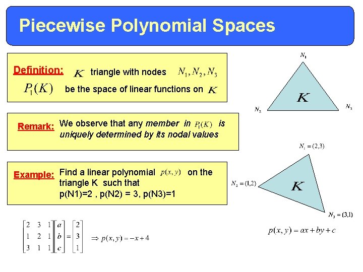 Piecewise Polynomial Spaces Definition: triangle with nodes be the space of linear functions on