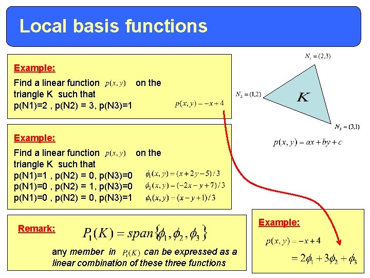 Local basis functions Example: Find a linear function on the triangle K such that