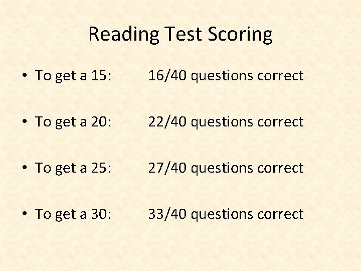 Reading Test Scoring • To get a 15: 16/40 questions correct • To get