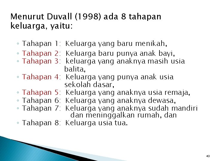 Menurut Duvall (1998) ada 8 tahapan keluarga, yaitu: ◦ Tahapan 1: Keluarga yang baru